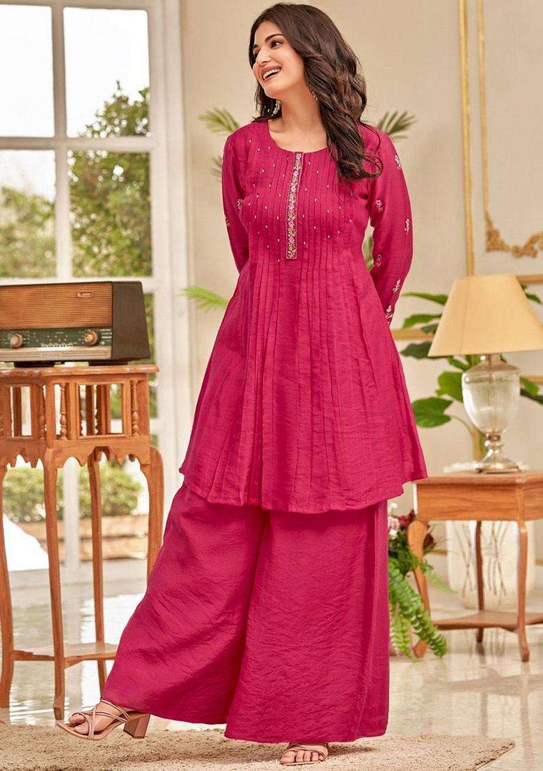 Pink Embroidery Silk Palazzo Set - Indya