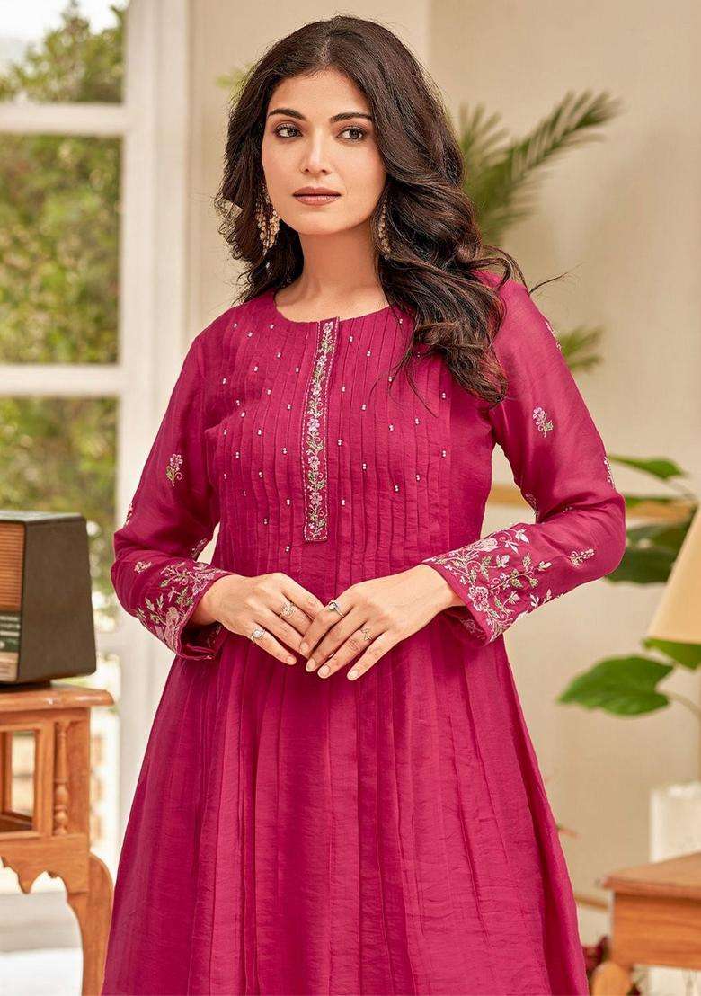 Pink Embroidery Silk Palazzo Set - Indya