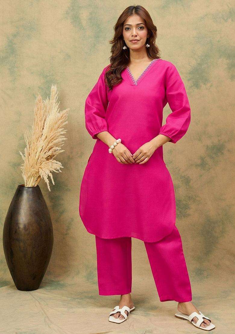 Pink Printed Cotton Kurta Set - Indya