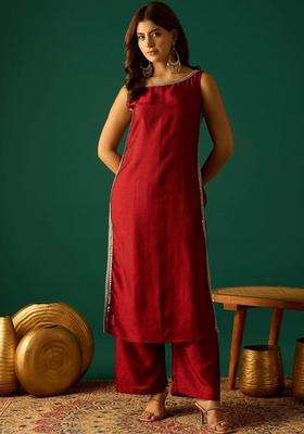 Red Printed Cotton Kurta Set