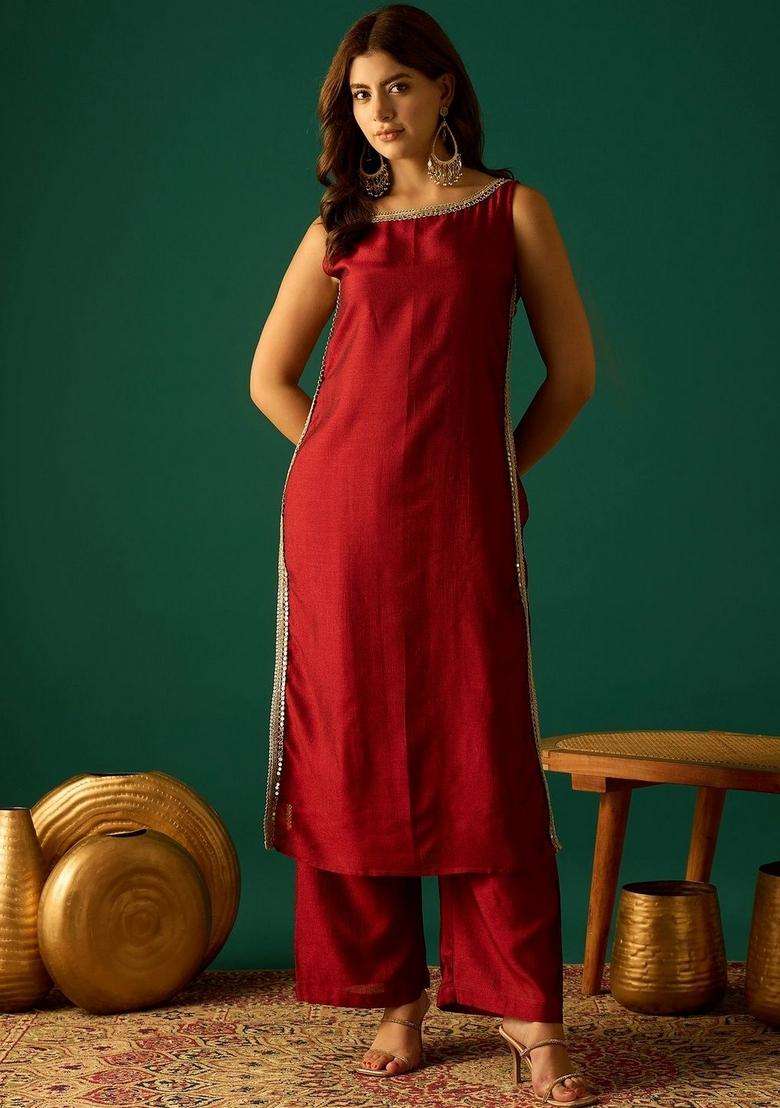 Red Printed Cotton Kurta Set - Indya