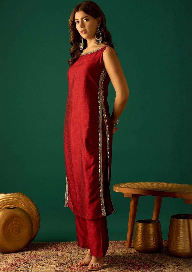 Red Printed Cotton Kurta Set - Indya