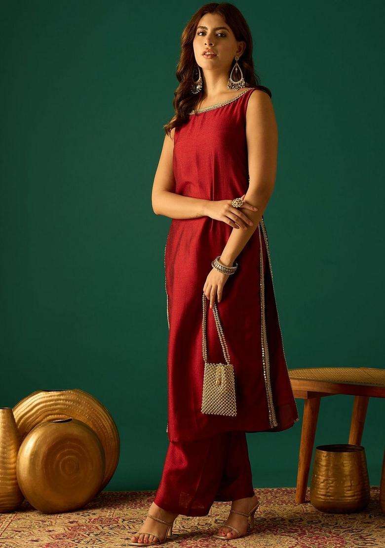 Red Printed Cotton Kurta Set - Indya