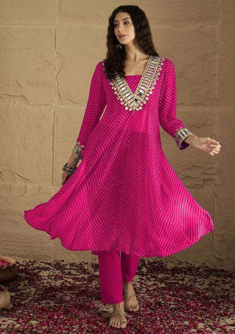 Pink Embroidery Silk Kurta Set - Indya
