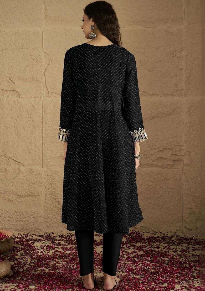 Black Printed Georgette Kurta Set - Indya