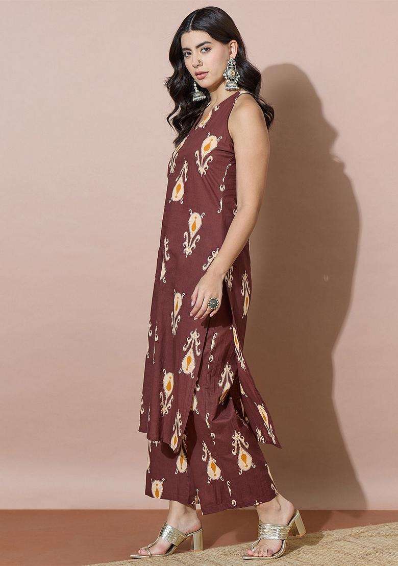 Brown Printed Georgette Palazzo Set - Indya