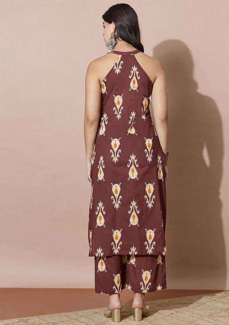 Brown Printed Georgette Palazzo Set - Indya