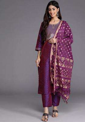 Purple Printed Cotton Kurta Set