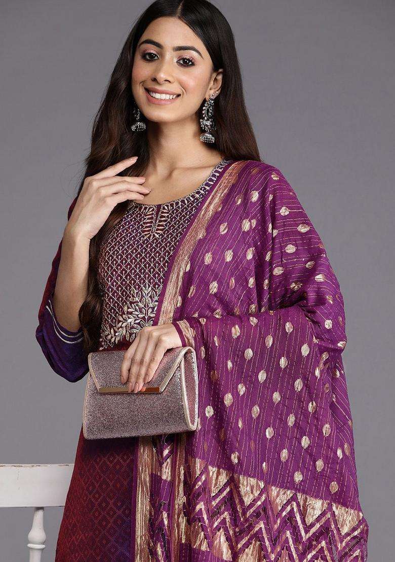 Purple Printed Cotton Kurta Set - Indya