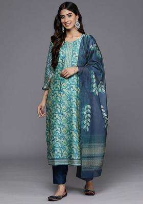 Sea Green Printed Silk Kurta Set