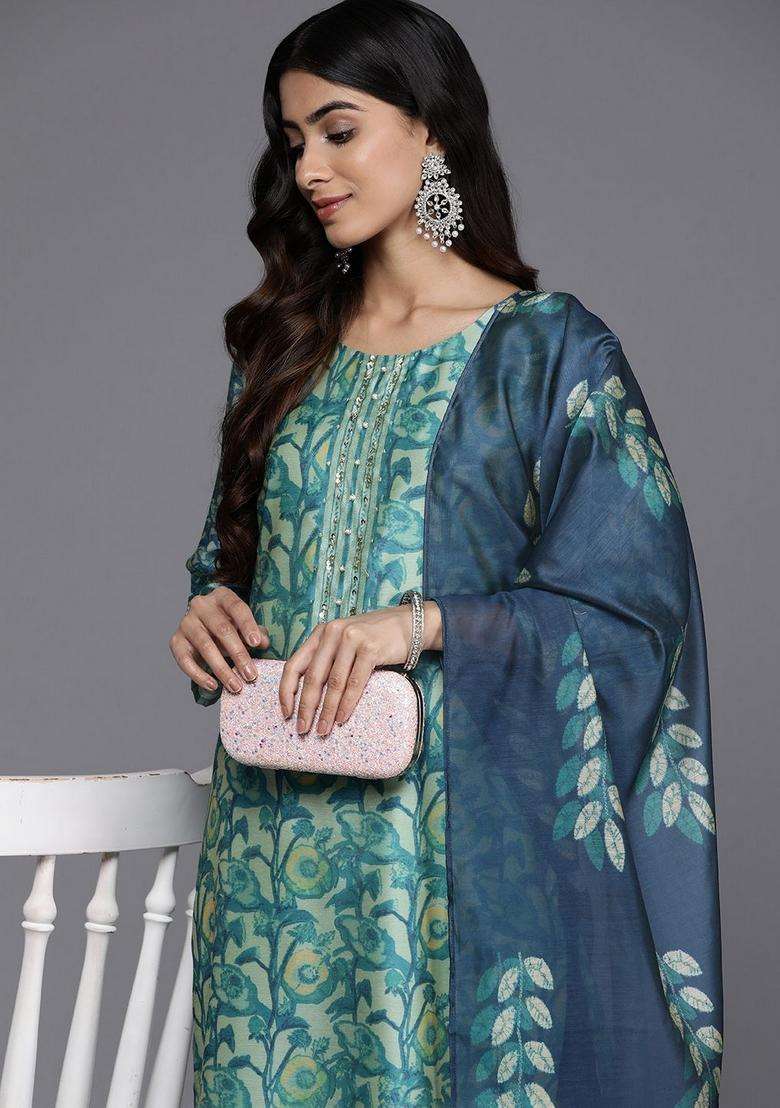 Sea Green Printed Silk Kurta Set - Indya