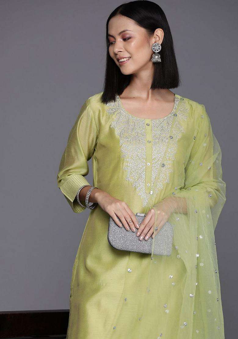 Green Embroidery Cotton Kurta Set - Indya
