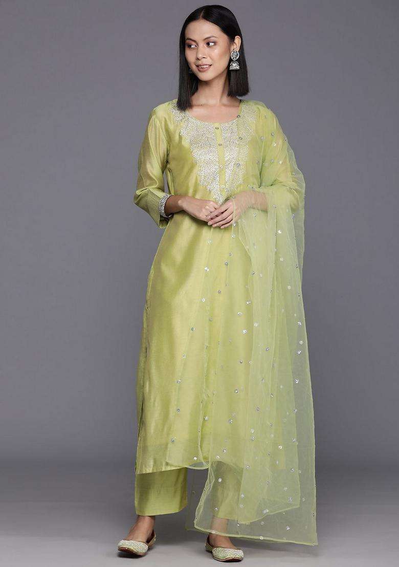 Green Embroidery Cotton Kurta Set - Indya