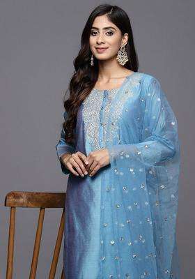 Blue Embroidery Silk Kurta Set