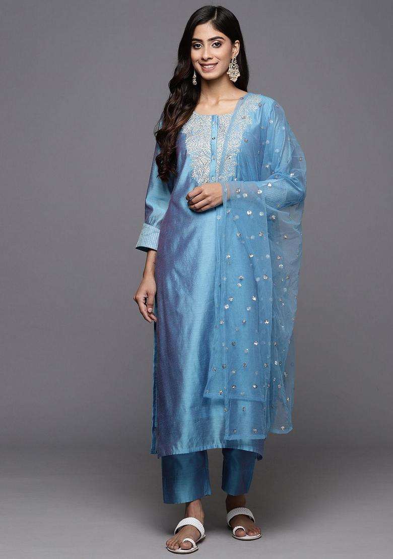 Blue Embroidery Silk Kurta Set - Indya