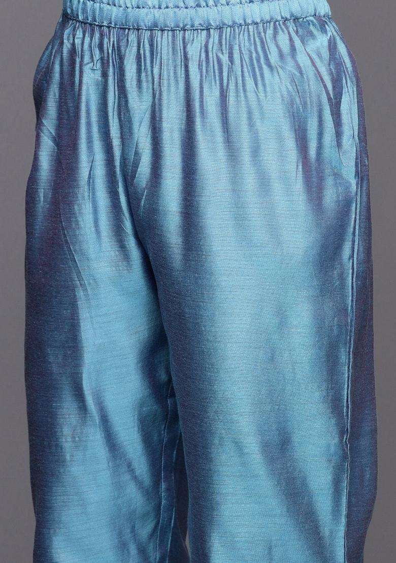 Blue Embroidery Silk Kurta Set - Indya