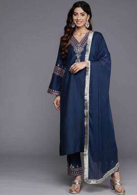 Navy Blue Embroidery Silk Kurta Set