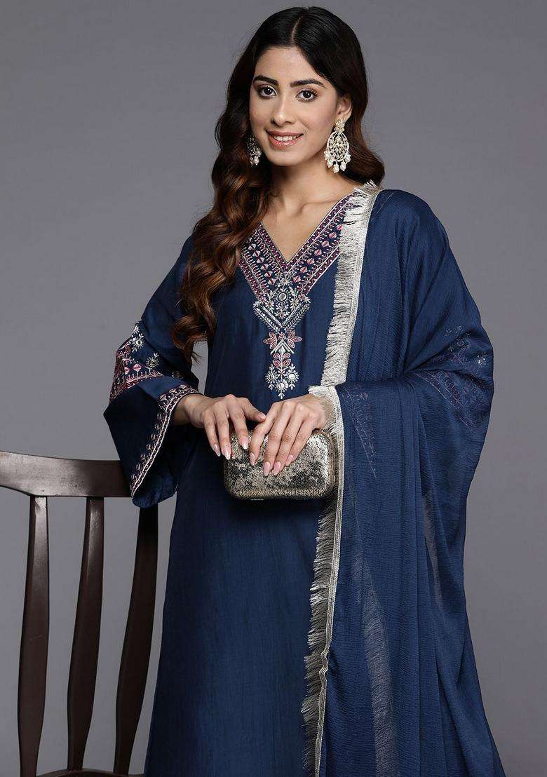 Navy Blue Embroidery Silk Kurta Set - Indya