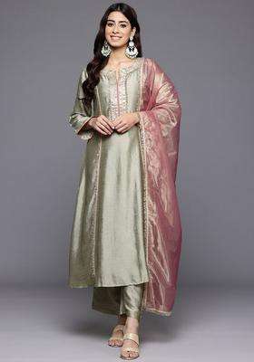 Green Embroidery Silk Anarkali Set
