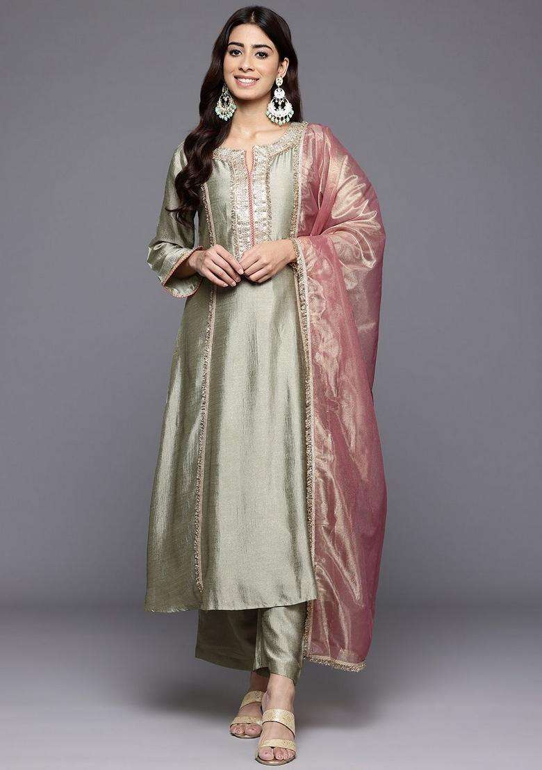 Green Embroidery Silk Anarkali Set - Indya