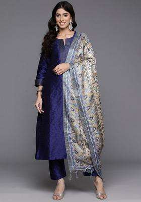 Navy Blue Printed Silk Kurta Set