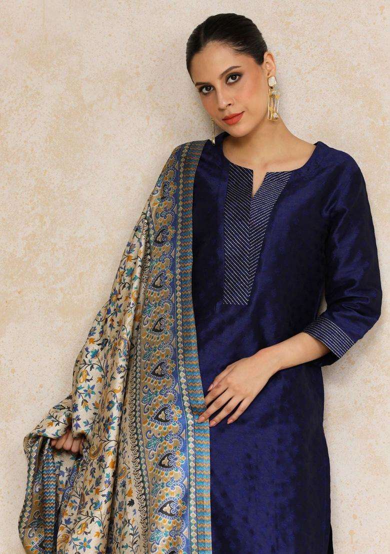 Navy Blue Printed Silk Kurta Set - Indya