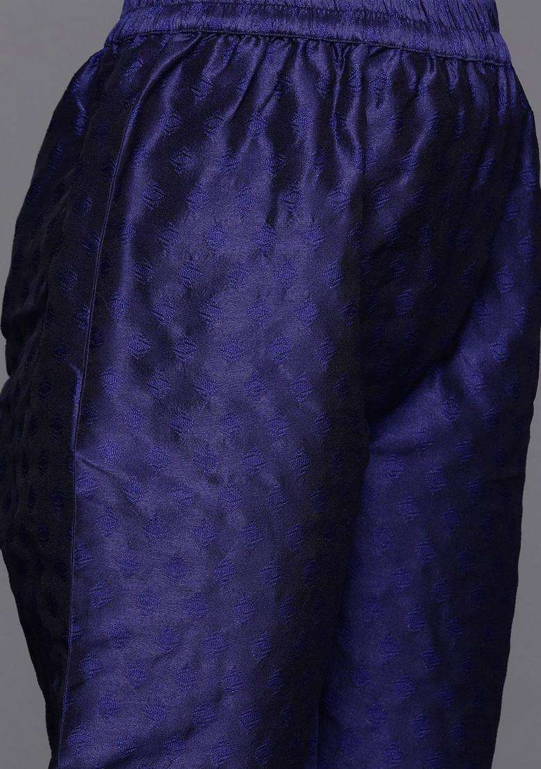 Navy Blue Printed Silk Kurta Set - Indya