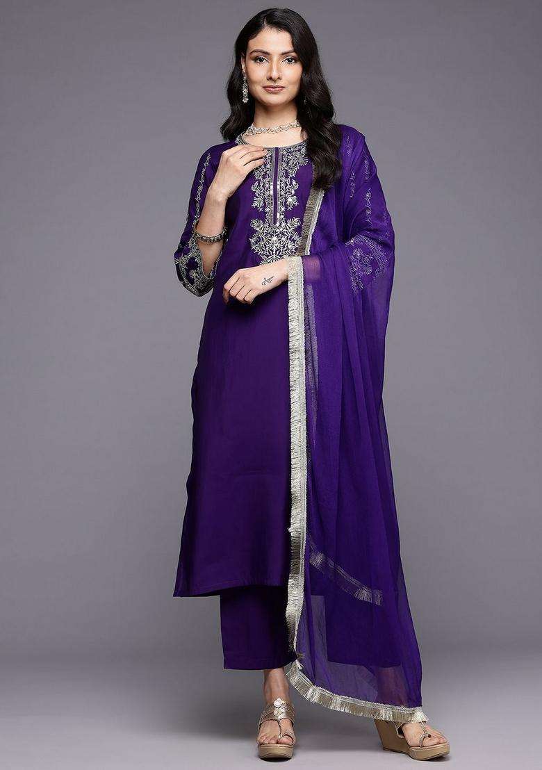 Navy Blue Embroidery Silk Kurta Set - Indya