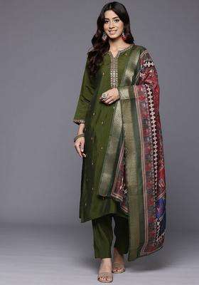 Olive Embroidery Silk Kurta Set