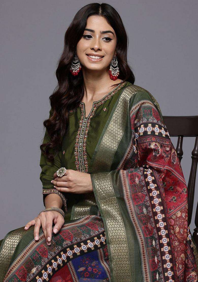 Olive Embroidery Silk Kurta Set - Indya
