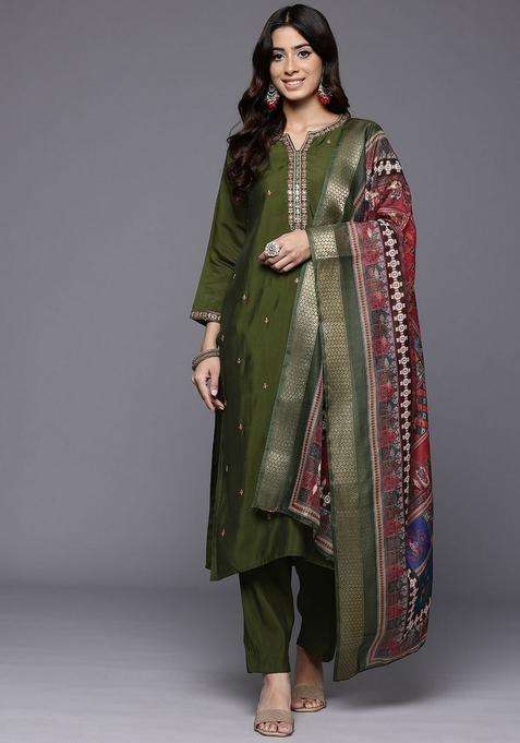 Olive Embroidery Silk Kurta Set