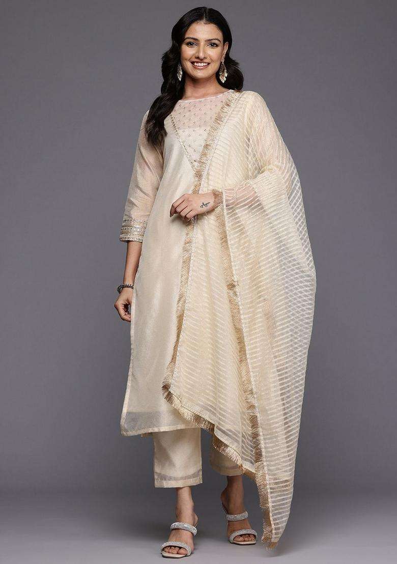 Off White Embroidery Silk Kurta Set - Indya