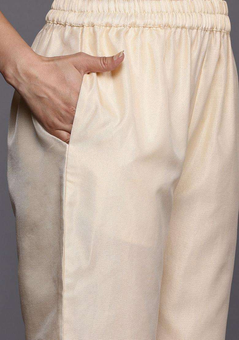 Off White Embroidery Silk Kurta Set - Indya