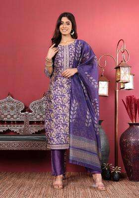 Purple Printed Silk Kurta Set