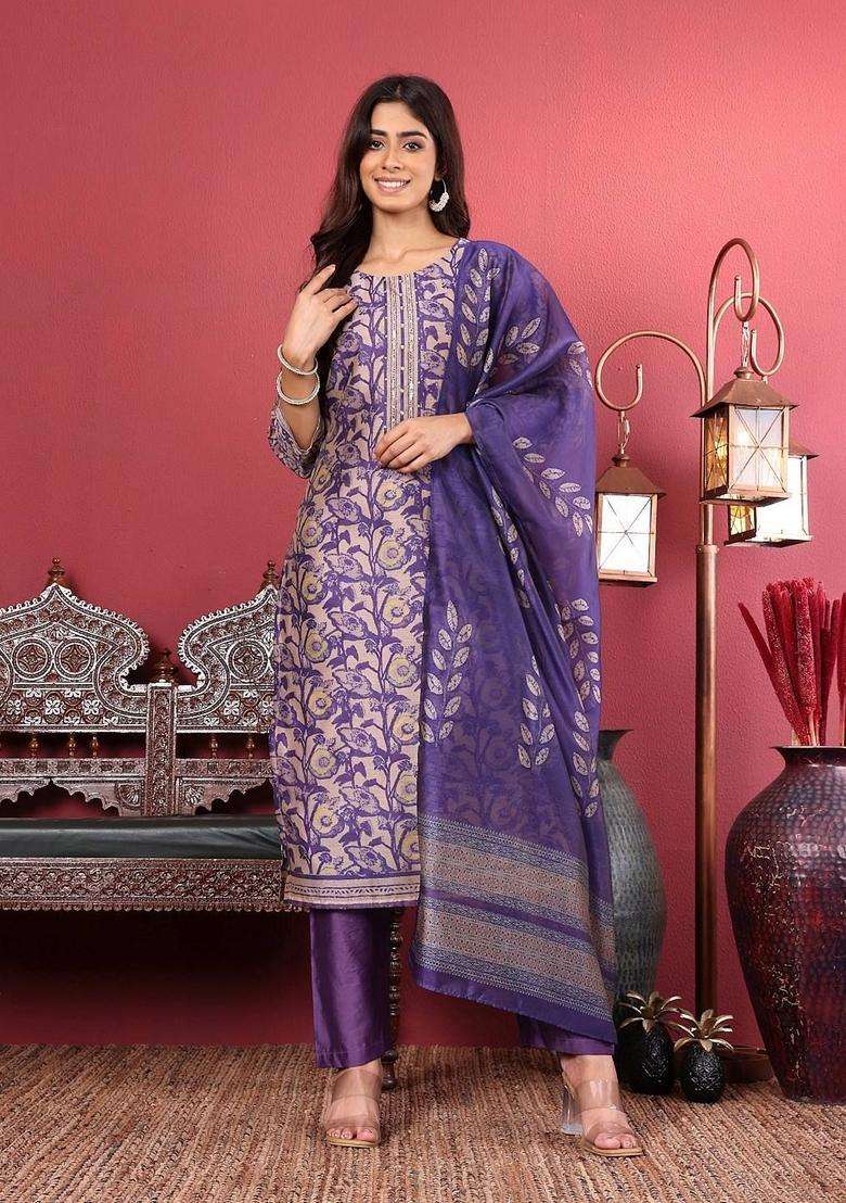 Purple Printed Silk Kurta Set - Indya