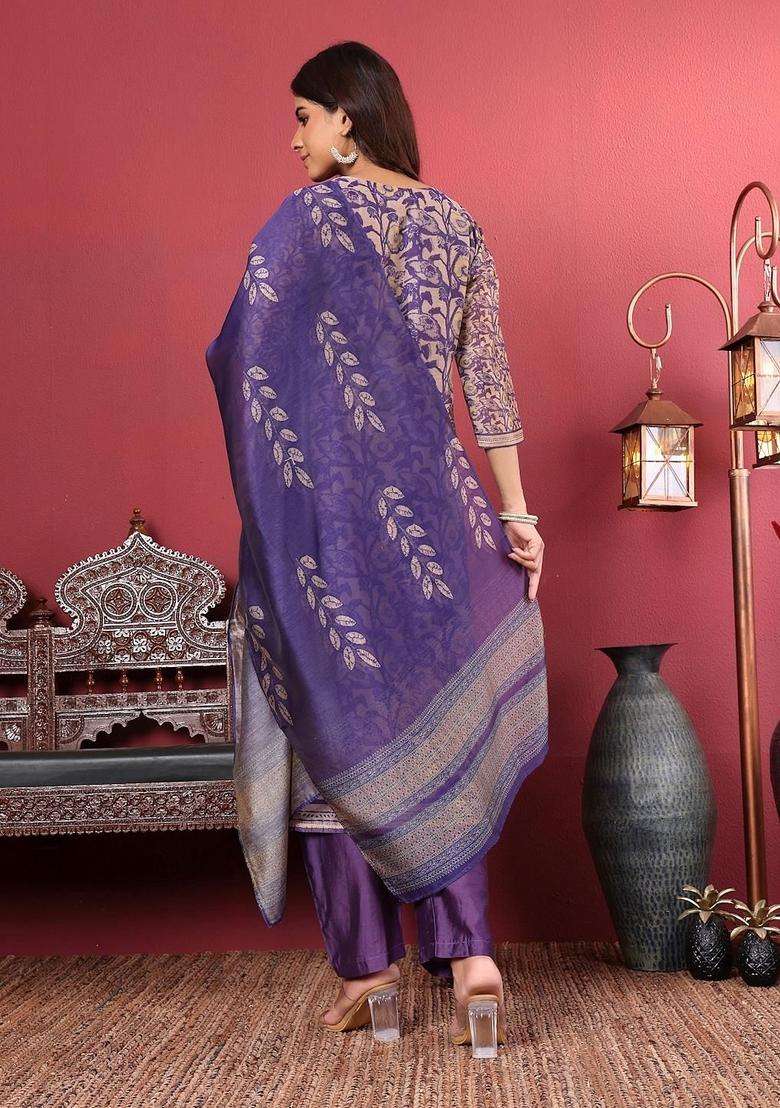 Purple Printed Silk Kurta Set - Indya