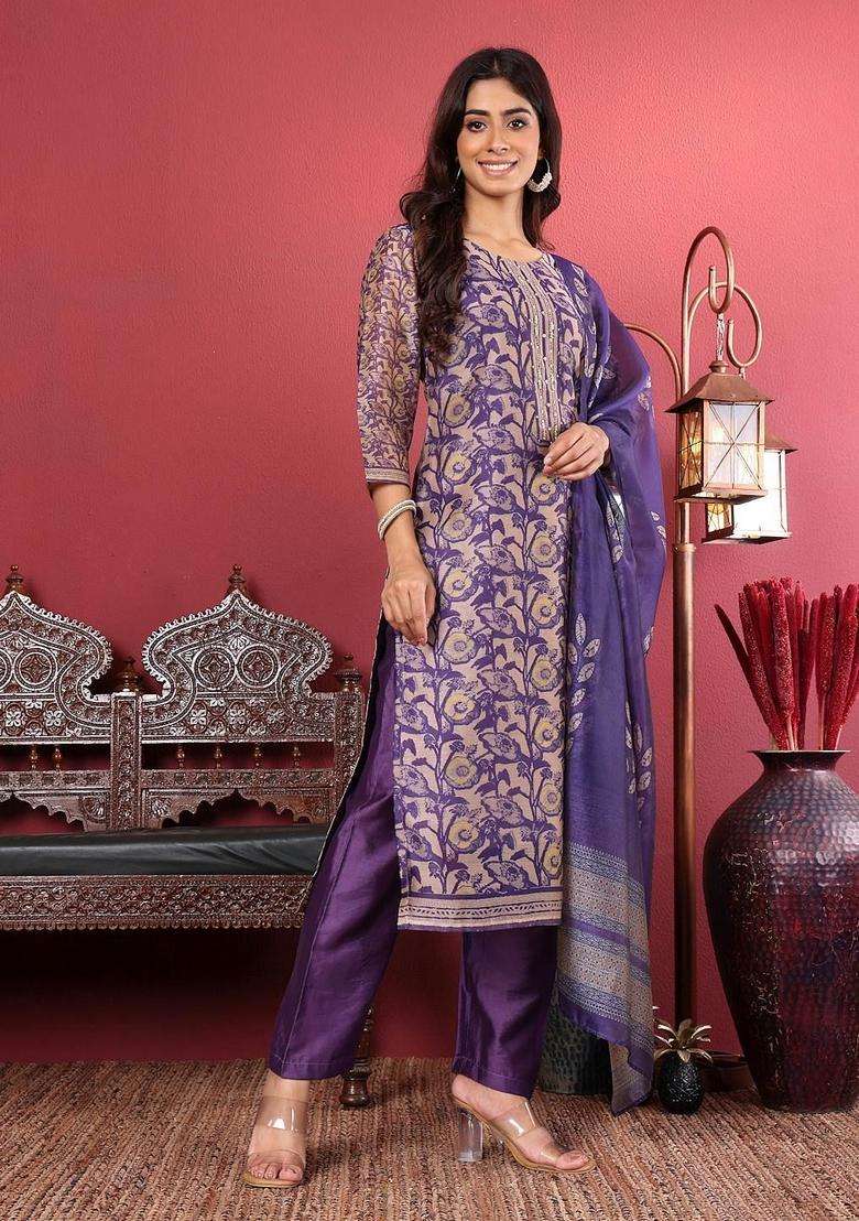 Purple Printed Silk Kurta Set - Indya