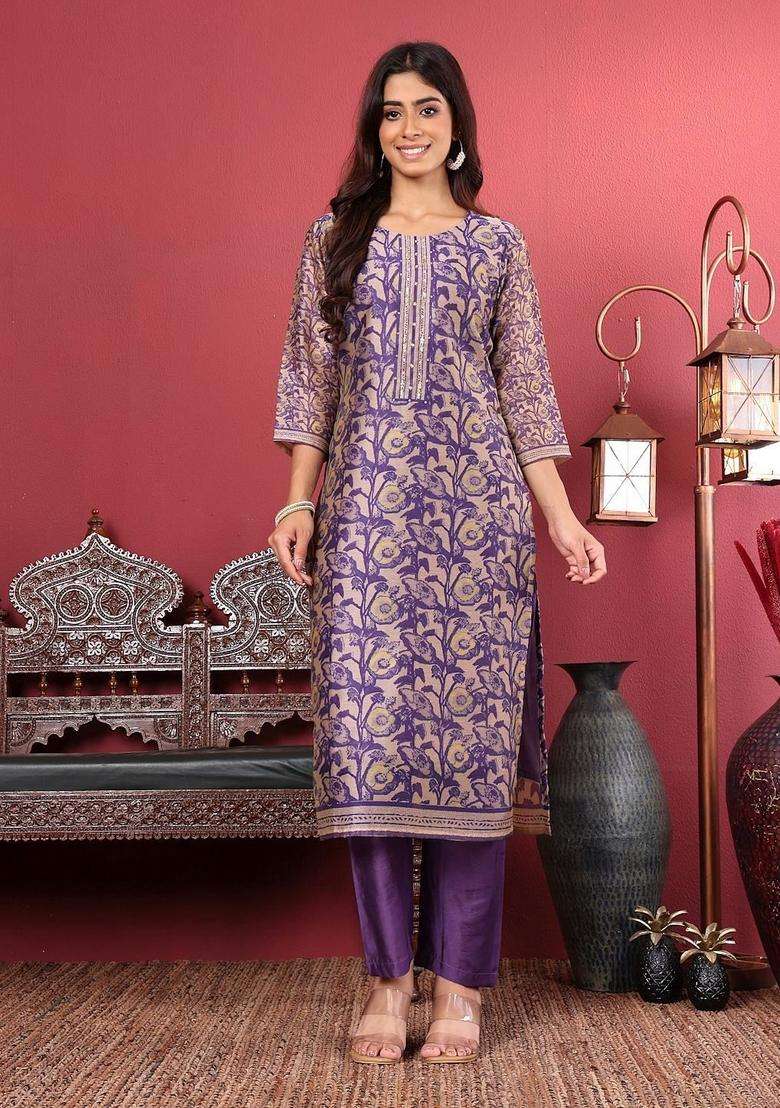 Purple Printed Silk Kurta Set - Indya