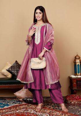 Purple Embroidery Silk Kurta Set