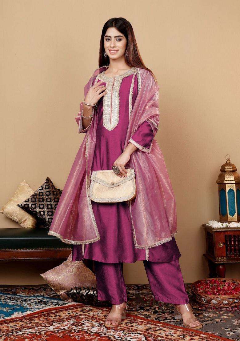 Purple Embroidery Silk Kurta Set - Indya