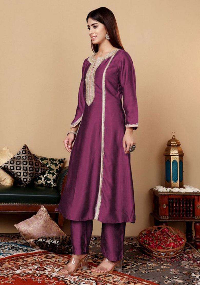 Purple Embroidery Silk Kurta Set - Indya