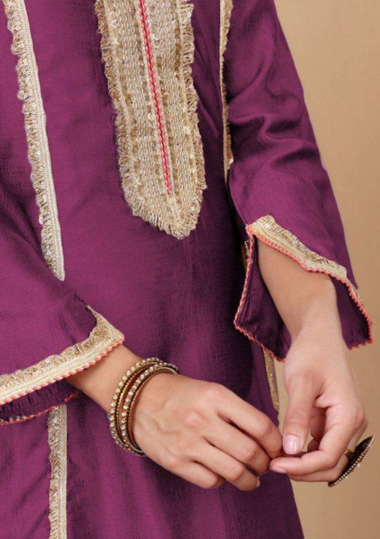 Purple Embroidery Silk Kurta Set - Indya