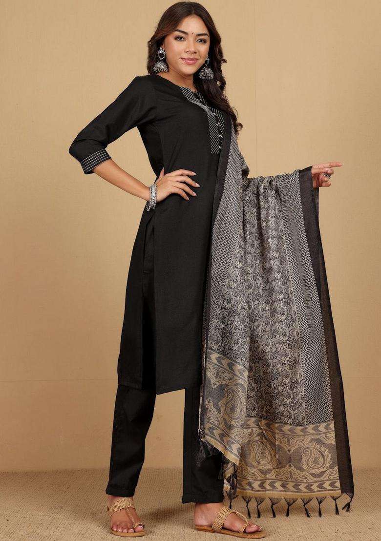 Black Printed Cotton Kurta Set - Indya