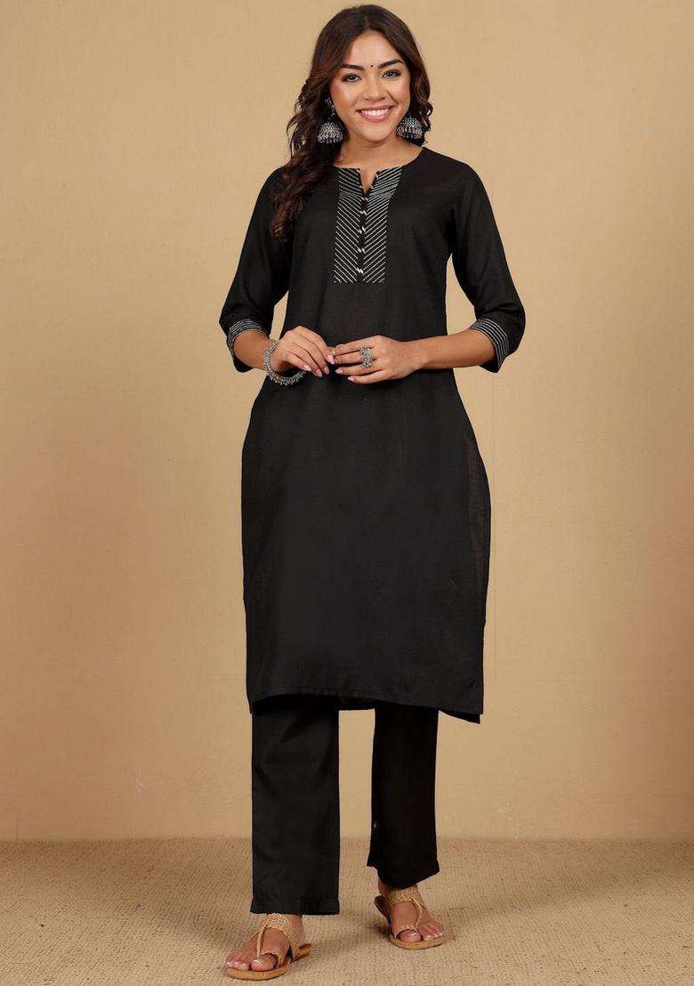 Black Printed Cotton Kurta Set - Indya