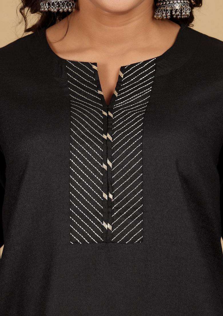 Black Printed Cotton Kurta Set - Indya
