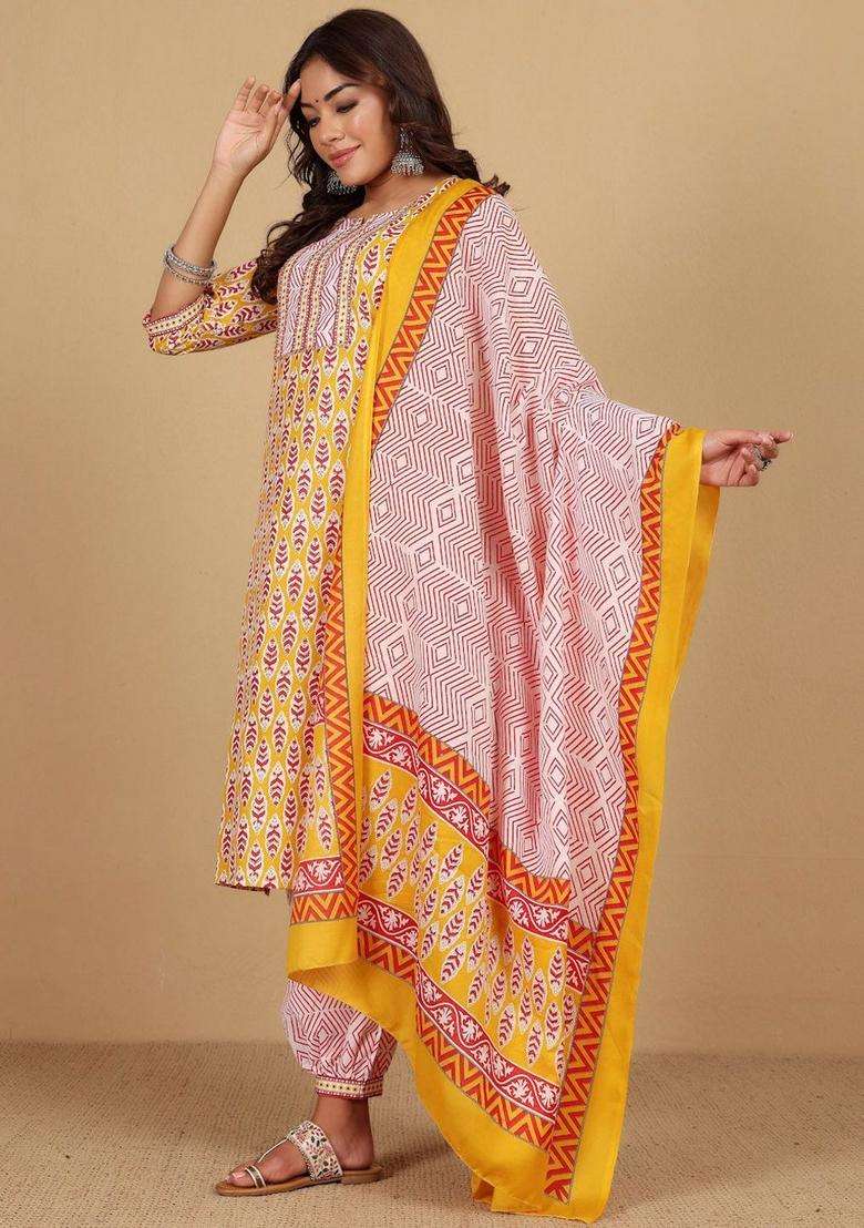 Yellow Printed Cotton Kurta Set - Indya
