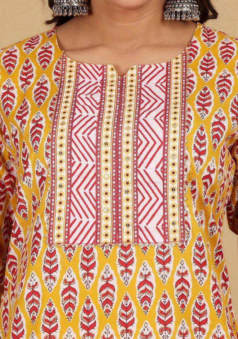 Yellow Printed Cotton Kurta Set - Indya
