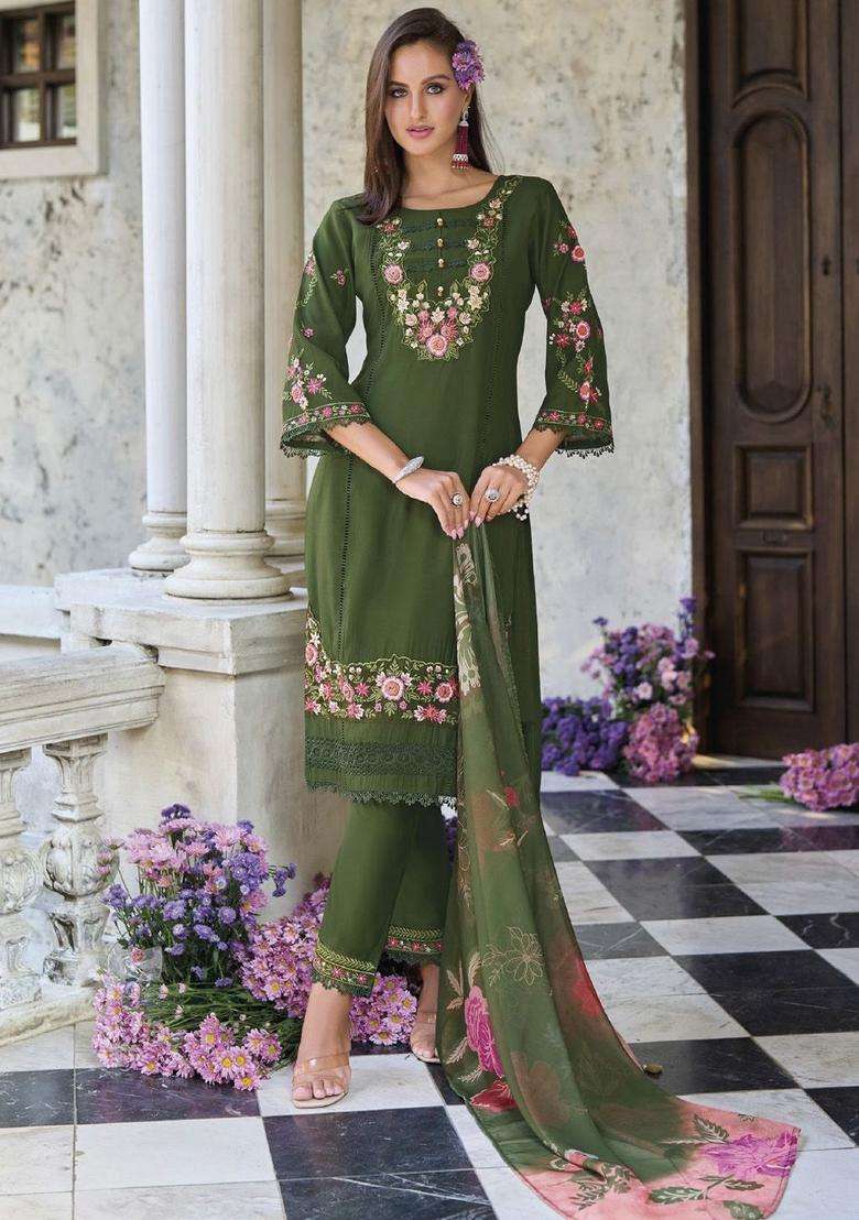 Green Embroidery Cotton Kurta Set - Indya