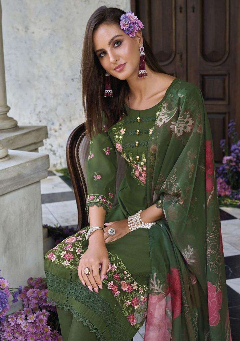 Green Embroidery Cotton Kurta Set - Indya