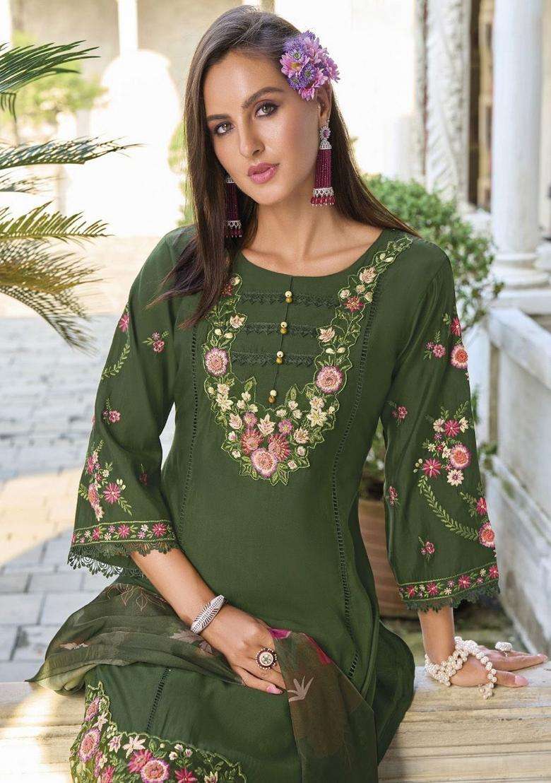 Green Embroidery Cotton Kurta Set - Indya